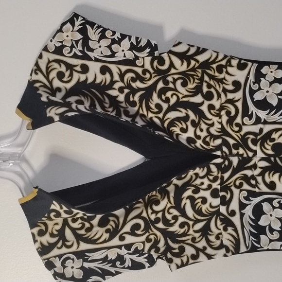 Nicole Miller Collection V Neck Elegant Black & Gold Abstract Floral Dress - Picture 12 of 16